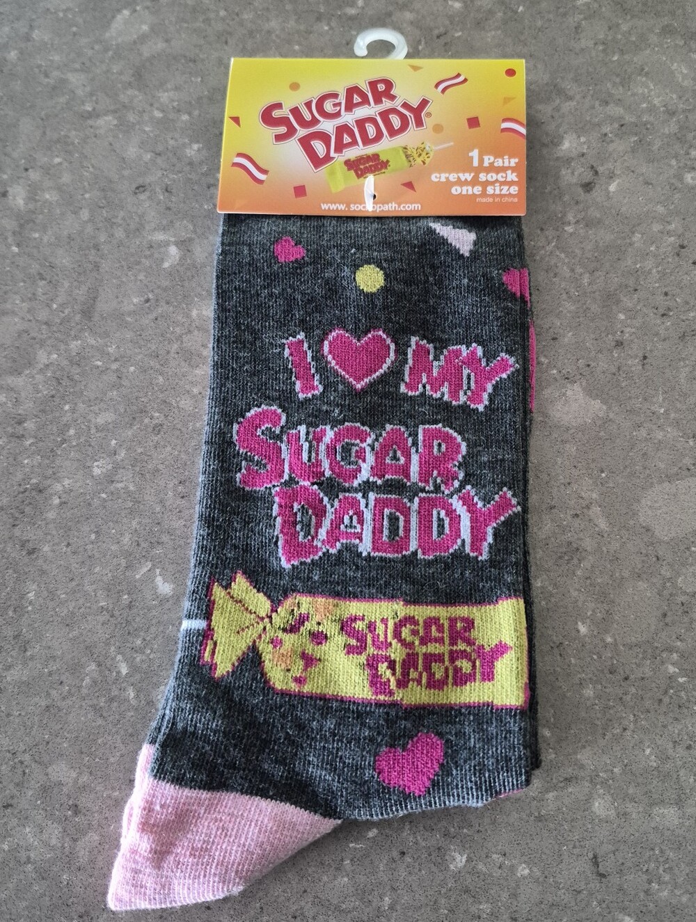 I Love My Sugar Daddy Crew Socks Gray and Pink One Size Unisex Candy